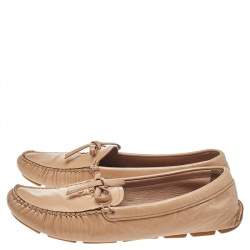 Pre Owned Prada Beige Patent Saffiano Leather Bow Slip On Loafers Size 39