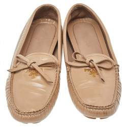 Pre Owned Prada Beige Patent Saffiano Leather Bow Slip On Loafers Size 39