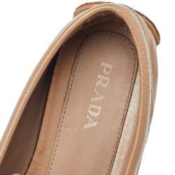 Pre Owned Prada Beige Patent Saffiano Leather Bow Slip On Loafers Size 39