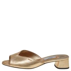 Pre Owned Prada Gold Saffiano Leather Silde Sandals Size 37.5