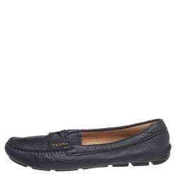 Pre Owned Prada Black Leather Slip On Loafers Size 37.5