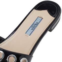 Pre Owned Prada Black Patent Leather Eyelet Detail Flat Slides Size 39.5 