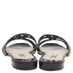 Pre Owned Prada Black Patent Leather Eyelet Detail Flat Slides Size 39.5 