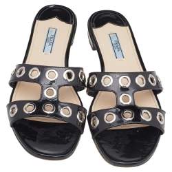 Pre Owned Prada Black Patent Leather Eyelet Detail Flat Slides Size 39.5 