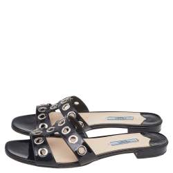 Pre Owned Prada Black Patent Leather Eyelet Detail Flat Slides Size 39.5 