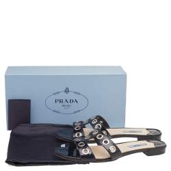 Pre Owned Prada Black Patent Leather Eyelet Detail Flat Slides Size 39.5 