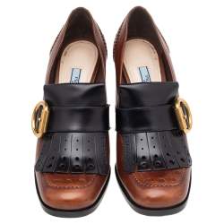 Pre Owned Prada Brown/Black Brogue Leather Fringe Block Heel Loafer Pumps Size 37.5