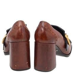 Pre Owned Prada Brown/Black Brogue Leather Fringe Block Heel Loafer Pumps Size 37.5