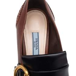Pre Owned Prada Brown/Black Brogue Leather Fringe Block Heel Loafer Pumps Size 37.5