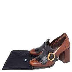 Pre Owned Prada Brown/Black Brogue Leather Fringe Block Heel Loafer Pumps Size 37.5
