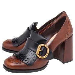 Pre Owned Prada Brown/Black Brogue Leather Fringe Block Heel Loafer Pumps Size 37.5
