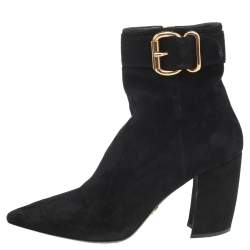 Pre Owned Prada Black Suede Buckle Detail Ankle Boots Size 37.5