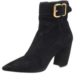 Pre Owned Prada Black Suede Buckle Detail Ankle Boots Size 37.5