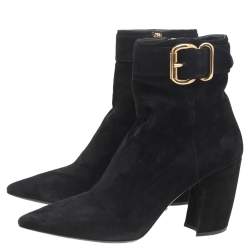 Pre Owned Prada Black Suede Buckle Detail Ankle Boots Size 37.5