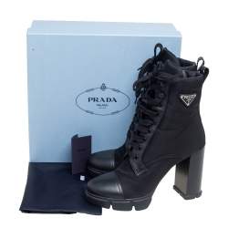 Pre Owned Prada Black Nylon And Leather Lace up Ankle Boots Size 40.5