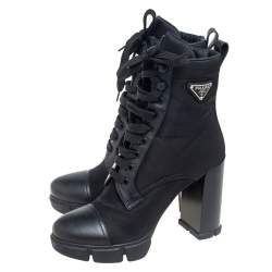Pre Owned Prada Black Nylon And Leather Lace up Ankle Boots Size 40.5