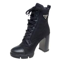 Pre Owned Prada Black Nylon And Leather Lace up Ankle Boots Size 40.5