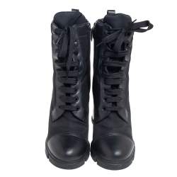 Pre Owned Prada Black Nylon And Leather Lace up Ankle Boots Size 40.5
