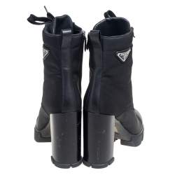 Pre Owned Prada Black Nylon And Leather Lace up Ankle Boots Size 40.5