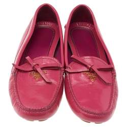 Pre Owned Prada Pink Patent Leather Bow Slip On Loafers Size 38