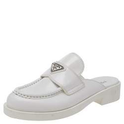Pre Owned Prada White Leather Logo Embellished Mules Size 40