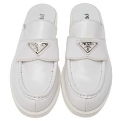 Pre Owned Prada White Leather Logo Embellished Mules Size 40
