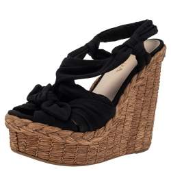 Pre Owned Prada Black Fabric Wedge Platform Espadrille Sandals Size 36