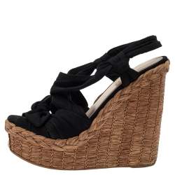 Pre Owned Prada Black Fabric Wedge Platform Espadrille Sandals Size 36