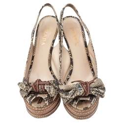 Pre Owned Prada Brown/Beige Python Bow Platform Slingback Sandals Size 36.5