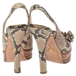 Pre Owned Prada Brown/Beige Python Bow Platform Slingback Sandals Size 36.5