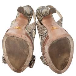 Pre Owned Prada Brown/Beige Python Bow Platform Slingback Sandals Size 36.5