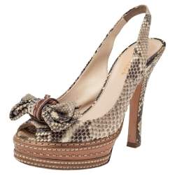 Pre Owned Prada Brown/Beige Python Bow Platform Slingback Sandals Size 36.5