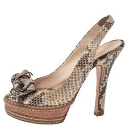 Pre Owned Prada Brown/Beige Python Bow Platform Slingback Sandals Size 36.5