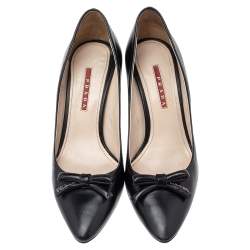 Pre Owned Prada Black Leather Bow Pointed Toe Pumps Size 38