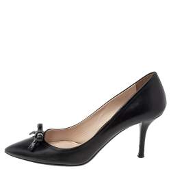 Pre Owned Prada Black Leather Bow Pointed Toe Pumps Size 38