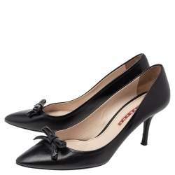 Pre Owned Prada Black Leather Bow Pointed Toe Pumps Size 38