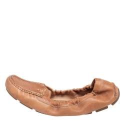 Pre Owned Prada Tan Leather Scrunch Ballet Flats Size 38.5