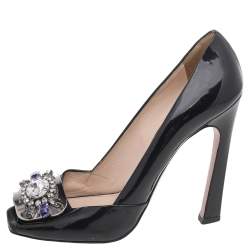 Pre Owned Prada Black Patent Leather Crystal Embellished Open Toe Pumps Size 39