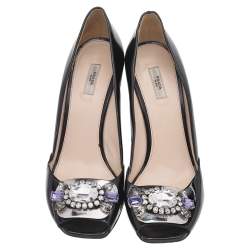 Pre Owned Prada Black Patent Leather Crystal Embellished Open Toe Pumps Size 39