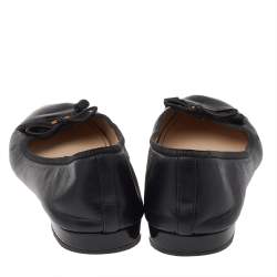 Pre Owned Prada Black Leather And Patent Leather Bow Cap Toe Ballet Flats Size 37