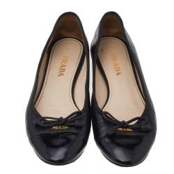 Pre Owned Prada Black Leather And Patent Leather Bow Cap Toe Ballet Flats Size 37