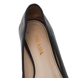 Pre Owned Prada Black Leather And Patent Leather Bow Cap Toe Ballet Flats Size 37