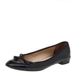 Pre Owned Prada Black Leather And Patent Leather Bow Cap Toe Ballet Flats Size 37