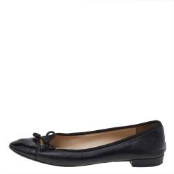 Pre Owned Prada Black Leather And Patent Leather Bow Cap Toe Ballet Flats Size 37