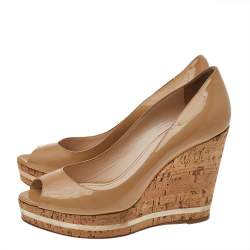 Prada Beige Patent Leather Peep Toe Cork Wedge Pumps Size 38.5
