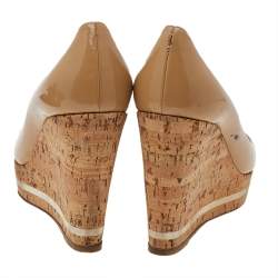Prada Beige Patent Leather Peep Toe Cork Wedge Pumps Size 38.5