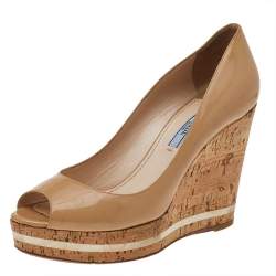 Prada Beige Patent Leather Peep Toe Cork Wedge Pumps Size 38.5