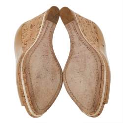 Prada Beige Patent Leather Peep Toe Cork Wedge Pumps Size 38.5