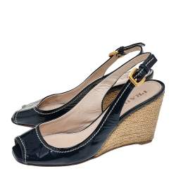 Prada Navy Blue Patent Leather Peep Toe Wedges Espadrilles Slingback Sandals Size 36