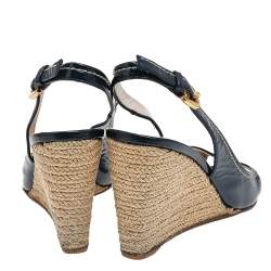 Prada Navy Blue Patent Leather Peep Toe Wedges Espadrilles Slingback Sandals Size 36